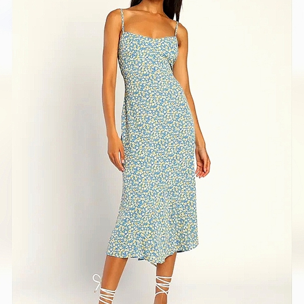 Lulus Blue Floral Print Cutout Midi Dress